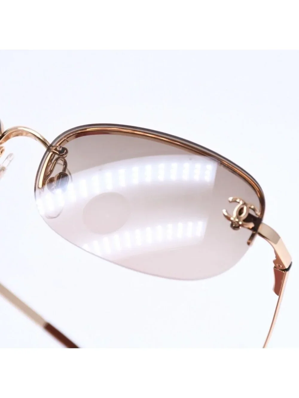 Chanel Half Rim Sunglasses Eyewear CC Logo Brown Gold